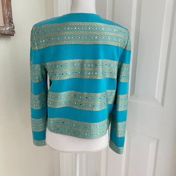 Vintage Y2K St. John Collection Turquoise Sequin Knit Crop Blazer Pants Set Size - Picture 6 of 16